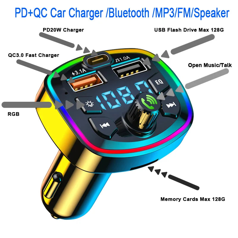 Bluetooth FM transmitter, USB charger.