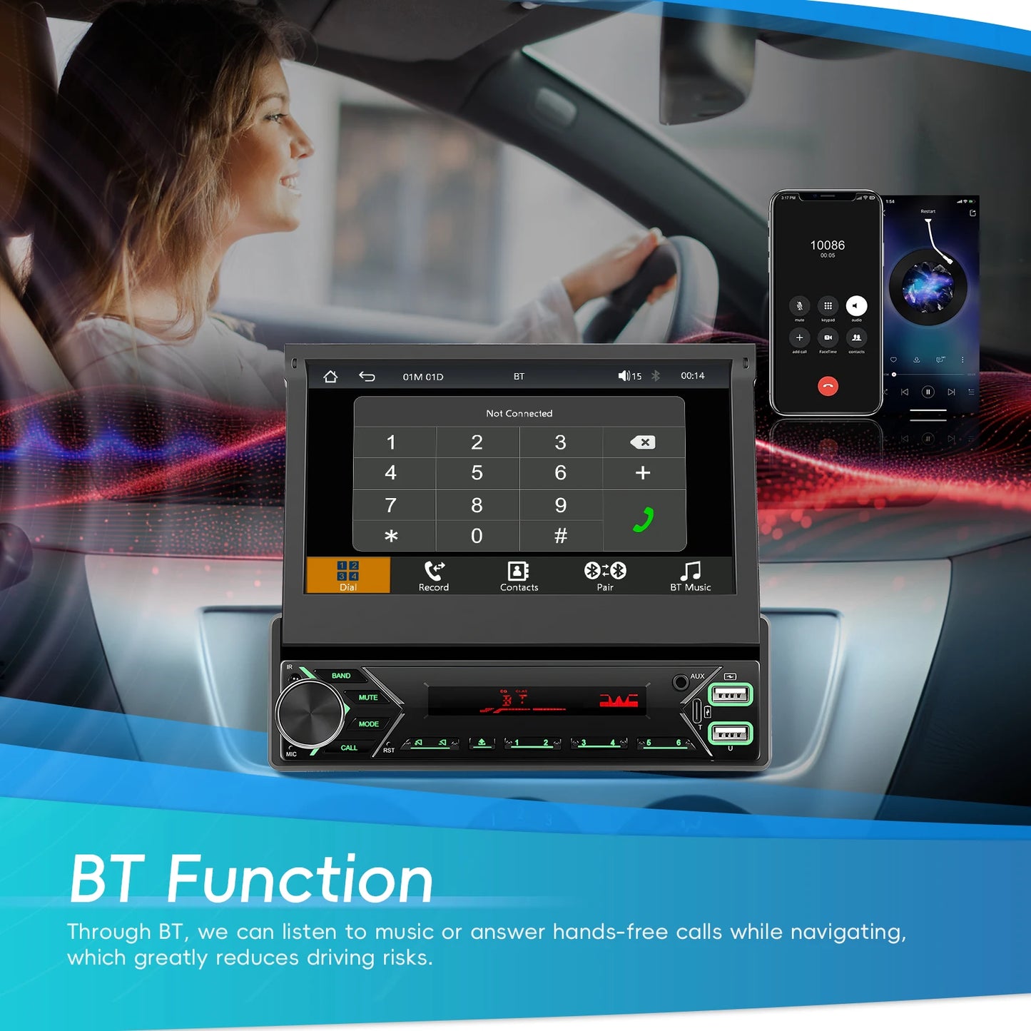 7" wireless CarPlay/Android Auto car radio with Bluetooth & FM.