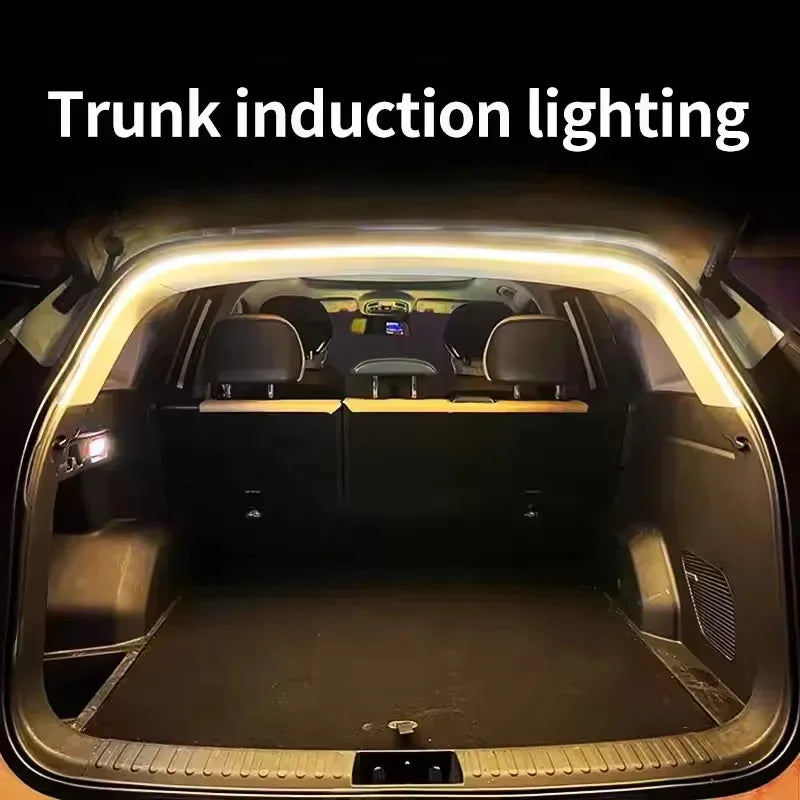 Auto-sensing LED trunk light strip, wire-free, high brightness.