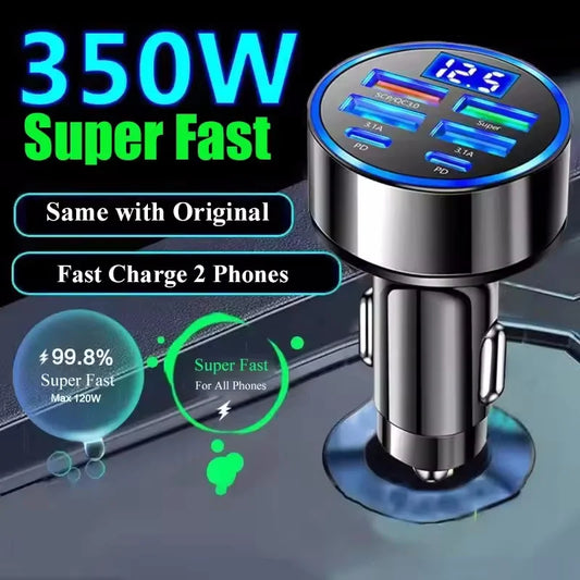 350W PD/QC car charger, USB-C fast charge.
