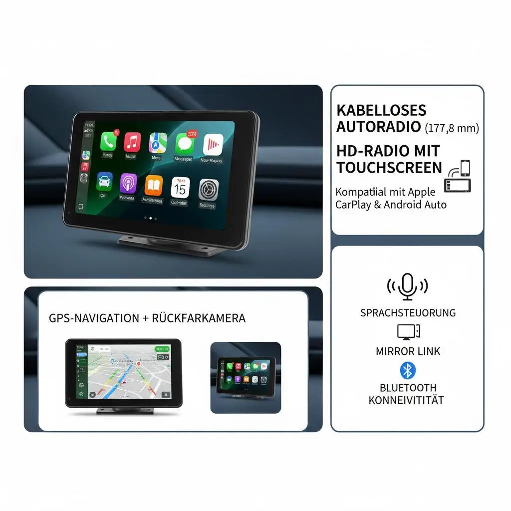 7" CarPlay/Android Auto car stereo with touchscreen and reverse camera.