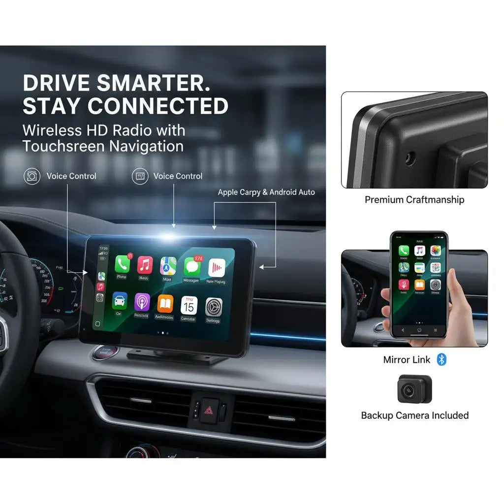 7" CarPlay/Android Auto car stereo with touchscreen and reverse camera.