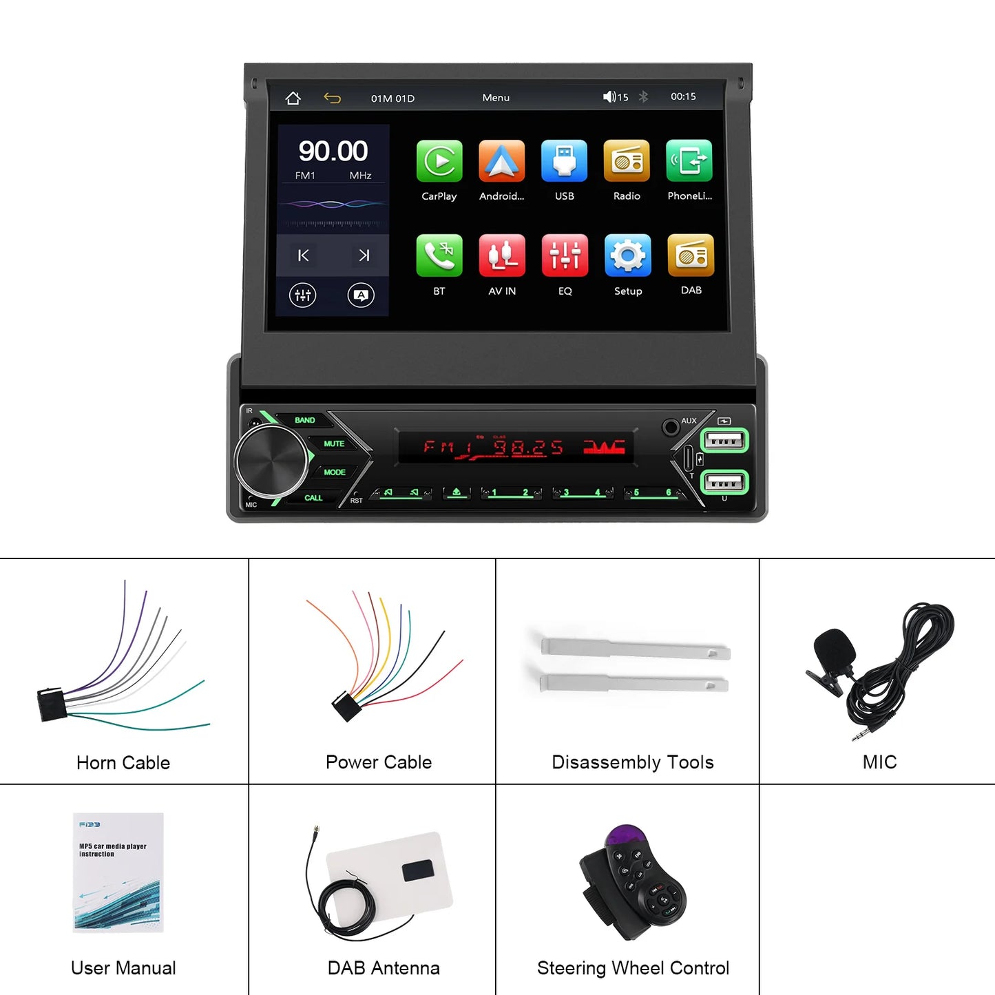7" wireless CarPlay/Android Auto car radio with Bluetooth & FM.