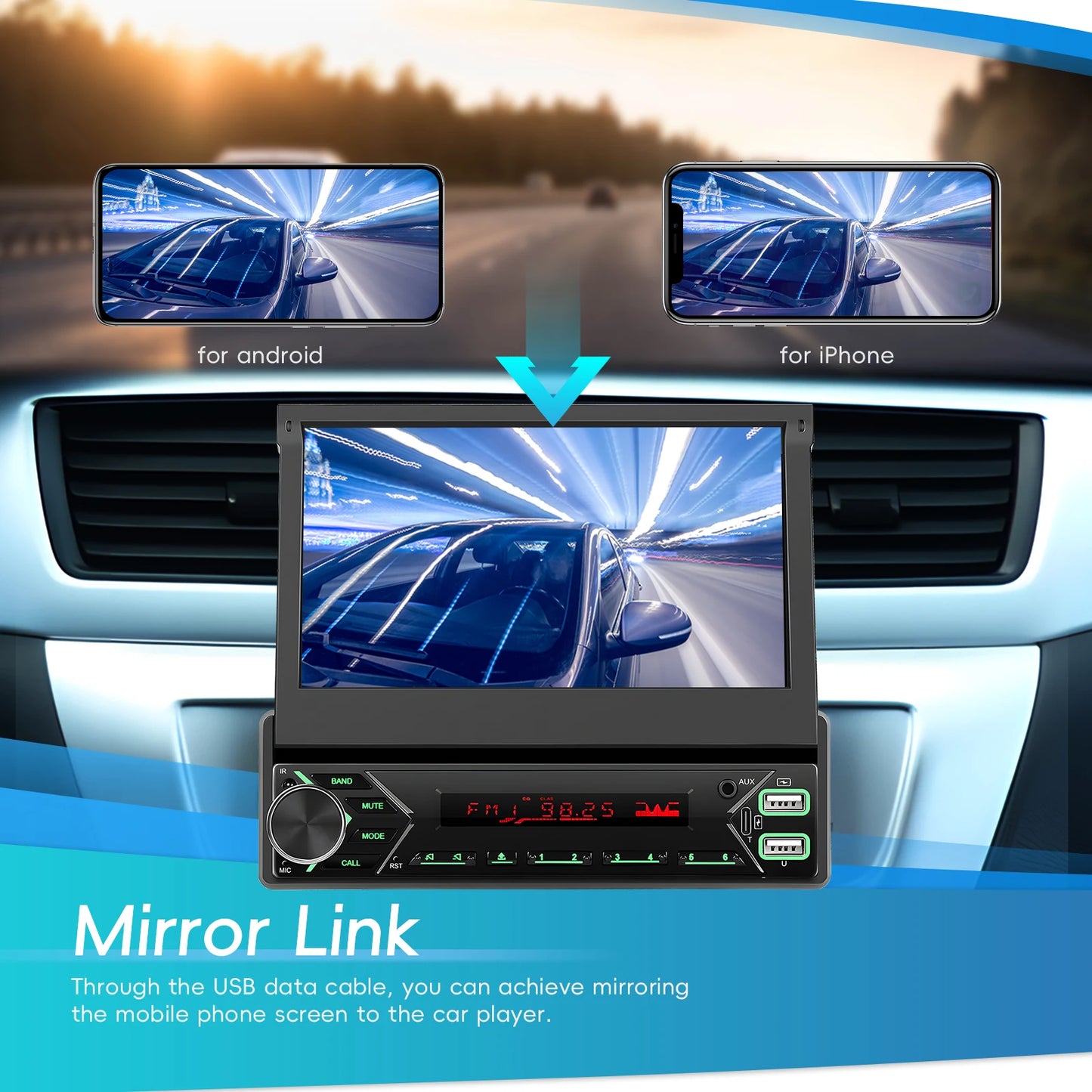 7" wireless CarPlay/Android Auto car radio with Bluetooth & FM.