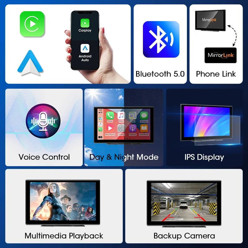 7–10" wireless CarPlay/Android Auto touchscreen car display.