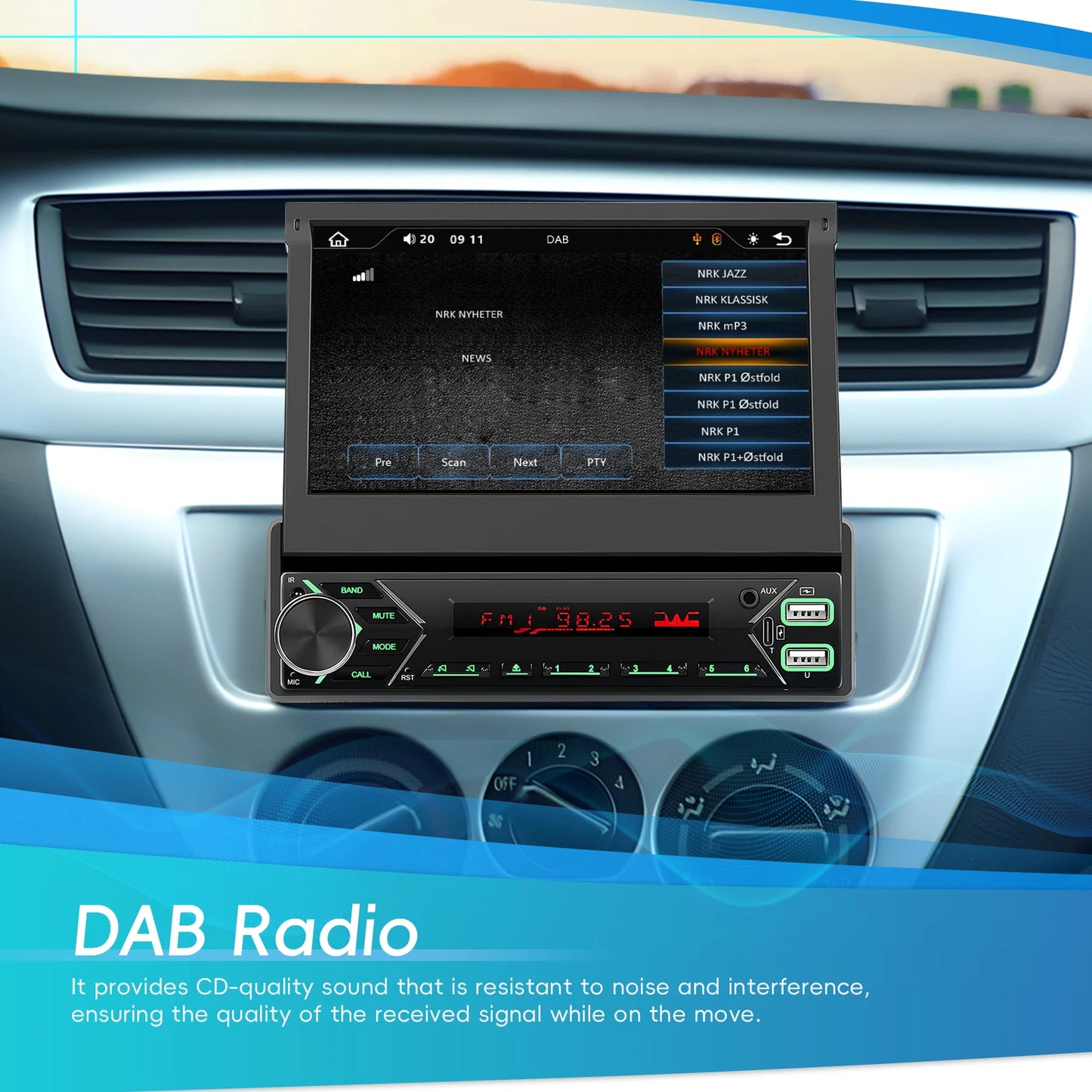 7" wireless CarPlay/Android Auto car radio with Bluetooth & FM.