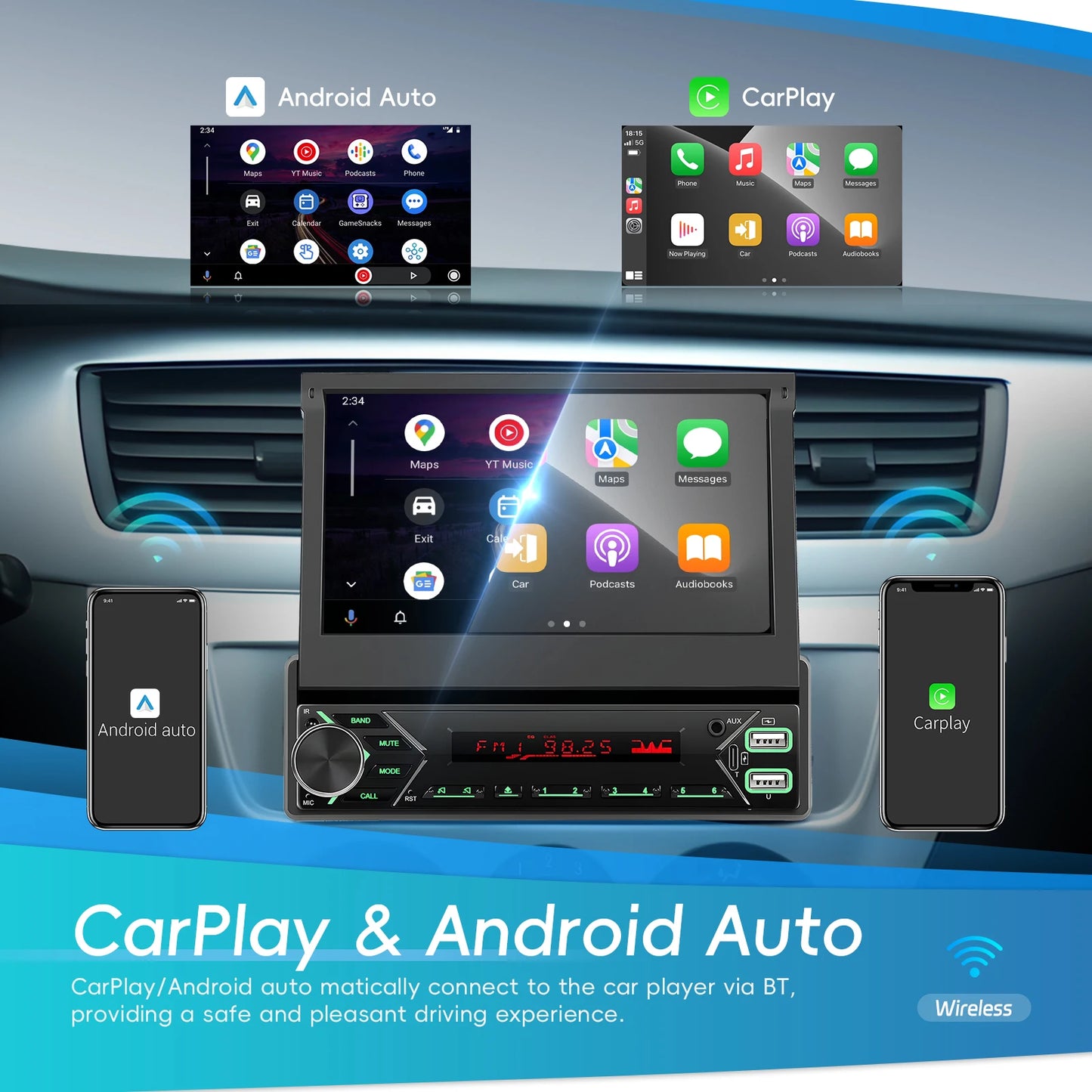 7" wireless CarPlay/Android Auto car radio with Bluetooth & FM.