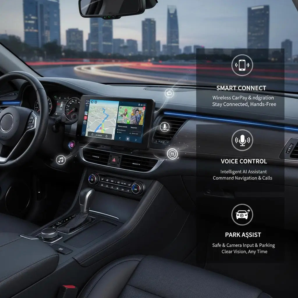 7" CarPlay/Android Auto car stereo with touchscreen and reverse camera.