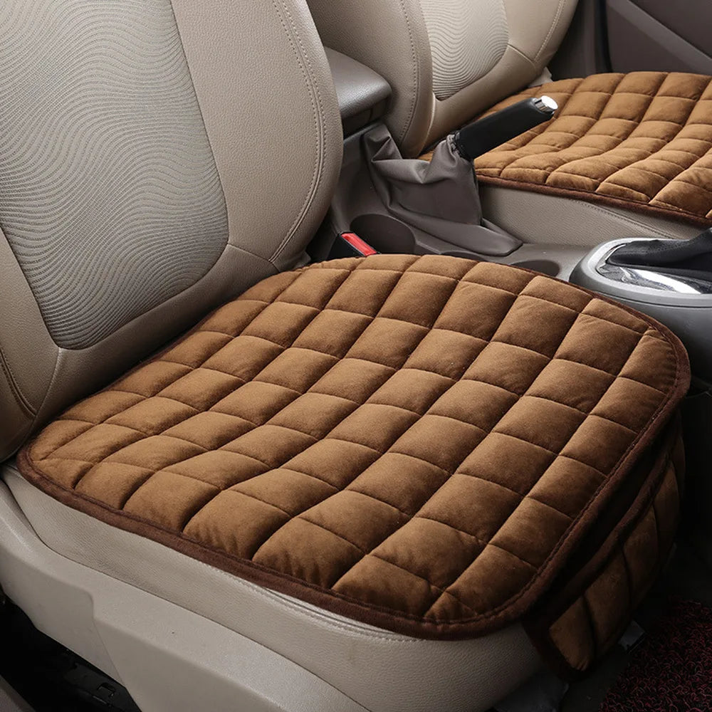 Universal anti-slip, breathable winter car seat cushion for front seats.