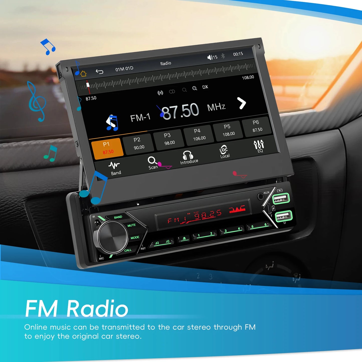 7" wireless CarPlay/Android Auto car radio with Bluetooth & FM.
