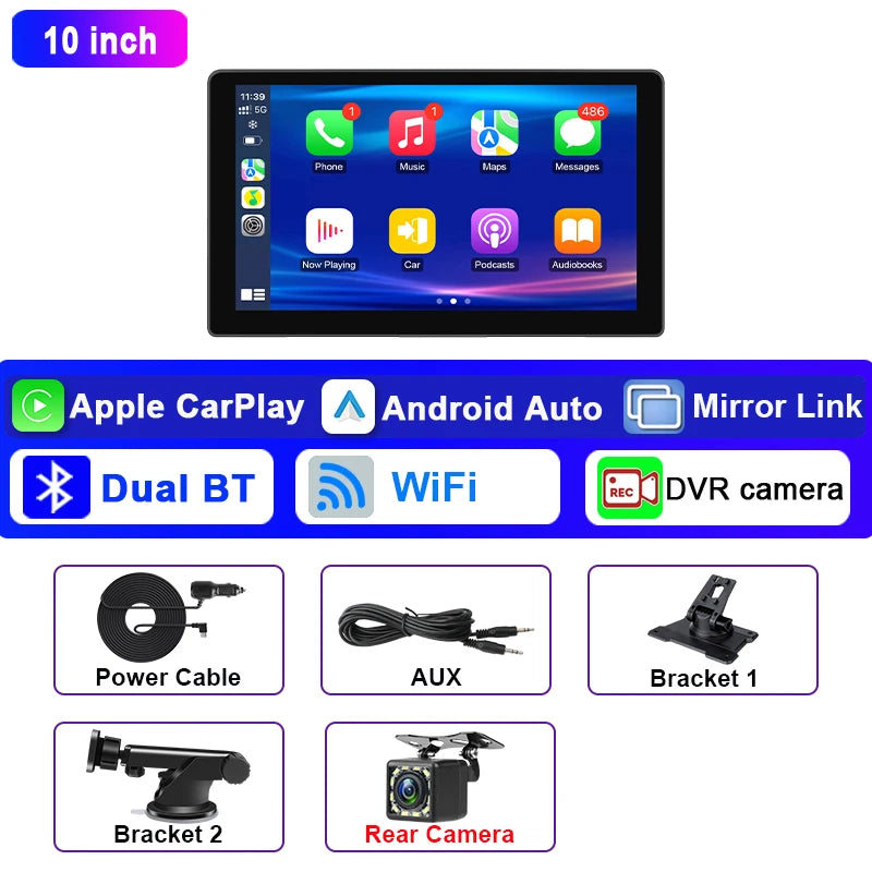7–10" wireless CarPlay/Android Auto touchscreen car display.