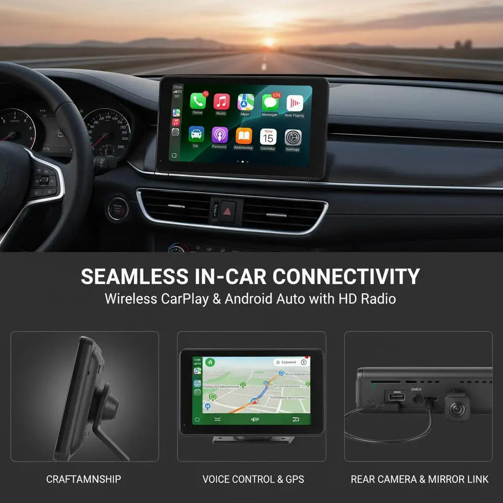 7" CarPlay/Android Auto car stereo with touchscreen and reverse camera.